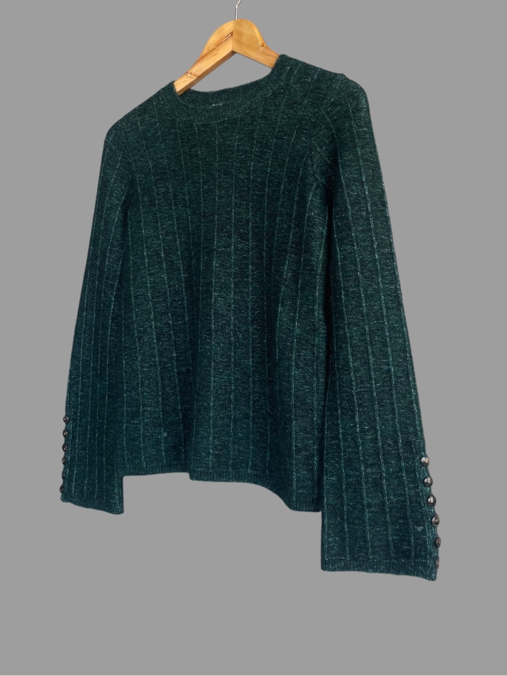 SEZANE NWT Emerald Green Mohair Wool Textured Button Flare Sleeve Joyce Sweater